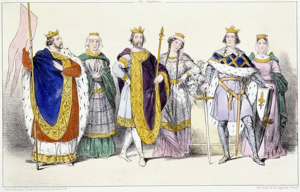 Les Capetiens: Louis VI Le Gros (1081-1137) and Adelaide of Savoy (ca. 1100-1154), Louis VII Le Jeune (1120-1180) and Adele of Champagne (or Blois) (ca. 1140-1206), Philippe II dit Philippe Auguste (1165-1223) and Isabelle de Hainaut (1170-1190) - Plate fr by Unknown artist
