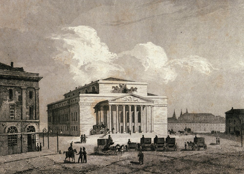 View of the Bolshoi Theatre in Moscow, Russia in 1838. Engraving of the ...