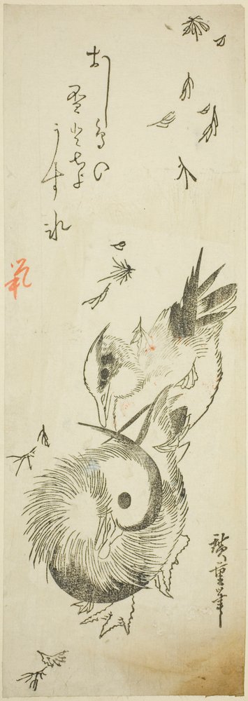 Mandarin Ducks Crossing Icy Pond Amid Falling Leaves by Utagawa Hiroshige