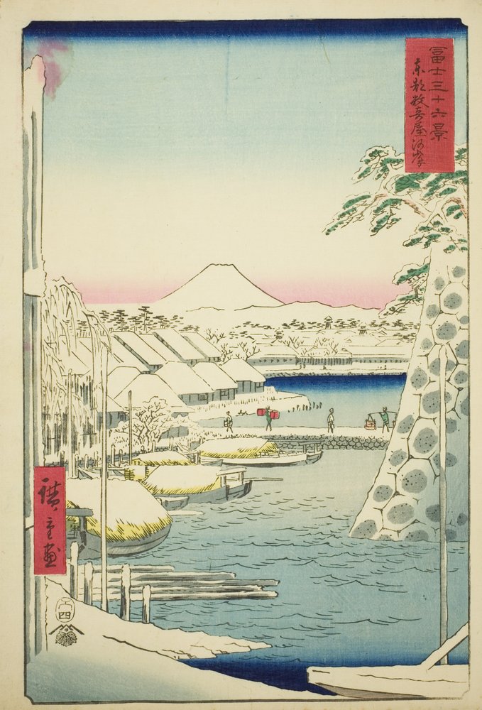 The Riverbank at Sukiya in the Eastern Capital (Toto Sukiyagashi), from the series "Thirty-six Views of Mount Fuji (Fuji sanjurokkei)" by Utagawa Hiroshige