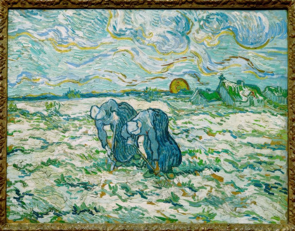 Two Farmers Digging in a Snow-Covered Field