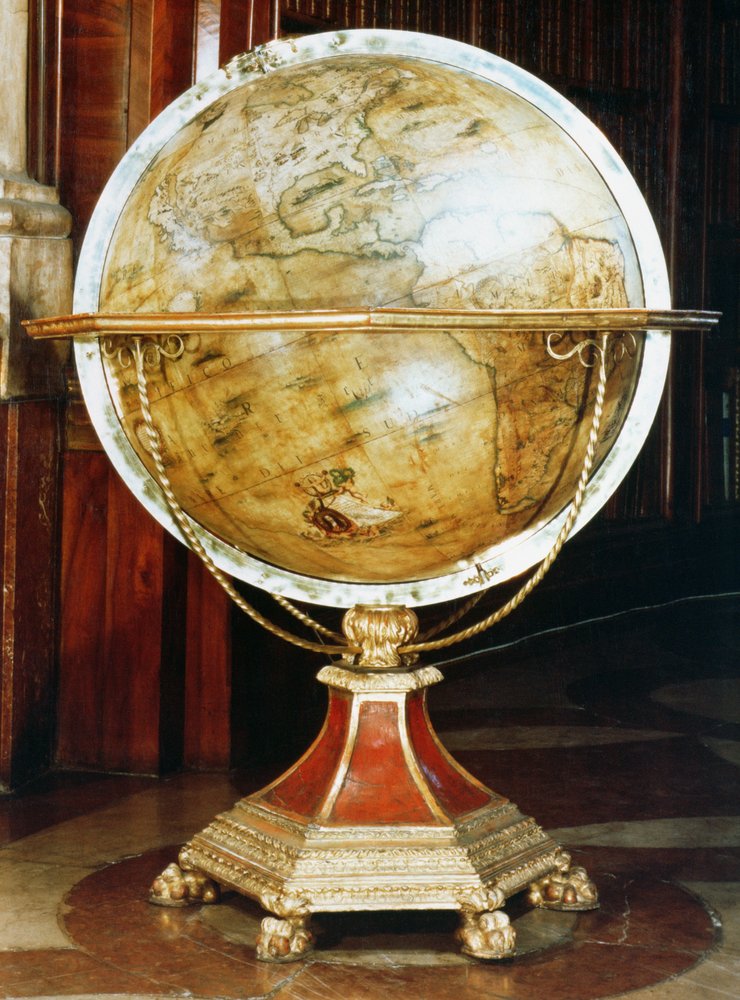 Terrestrial globe, 1688 (papier-mâché with wooden stand) (pair to 90827) by Vincenzo Maria Coronelli