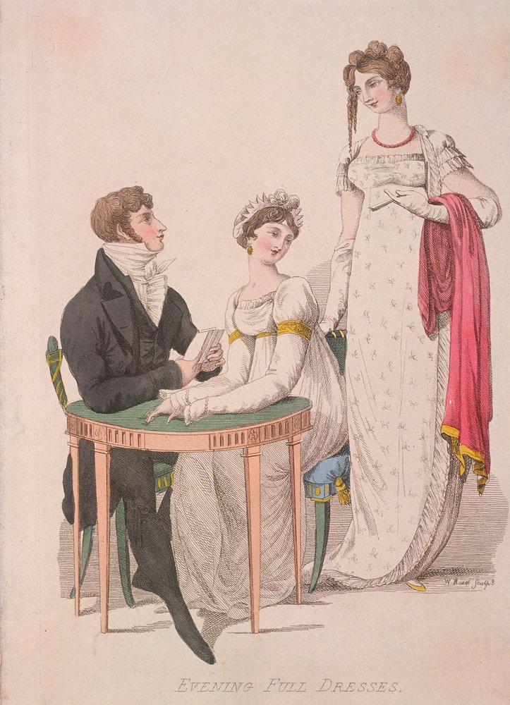 Two women and a man wearing full evening dress by W Read