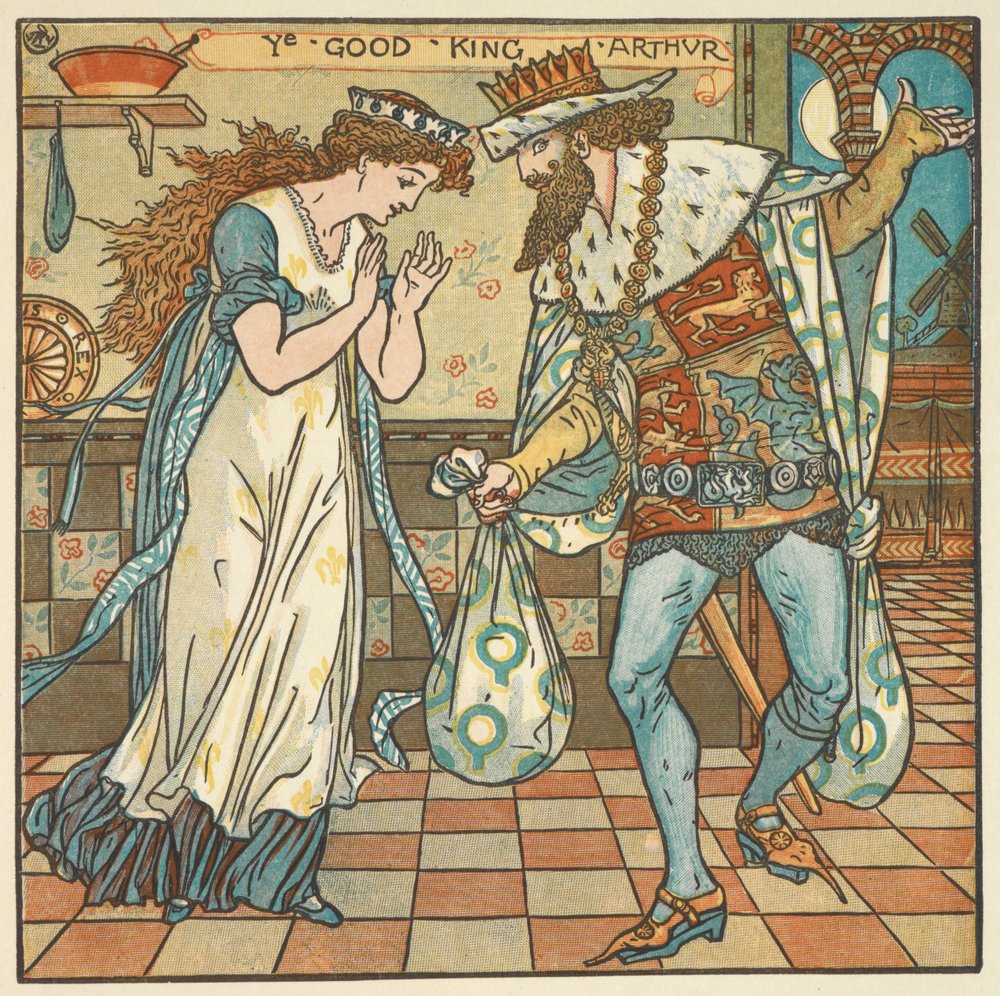 Colour illustration for 'King Arthur'. King Arthur and his Queen with a ...