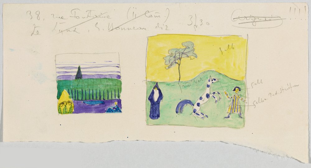 Two Landscapes with Staffage, also called “Training and Landscape with Three Figures in a Yellow Triangle” by Wassily Kandinsky