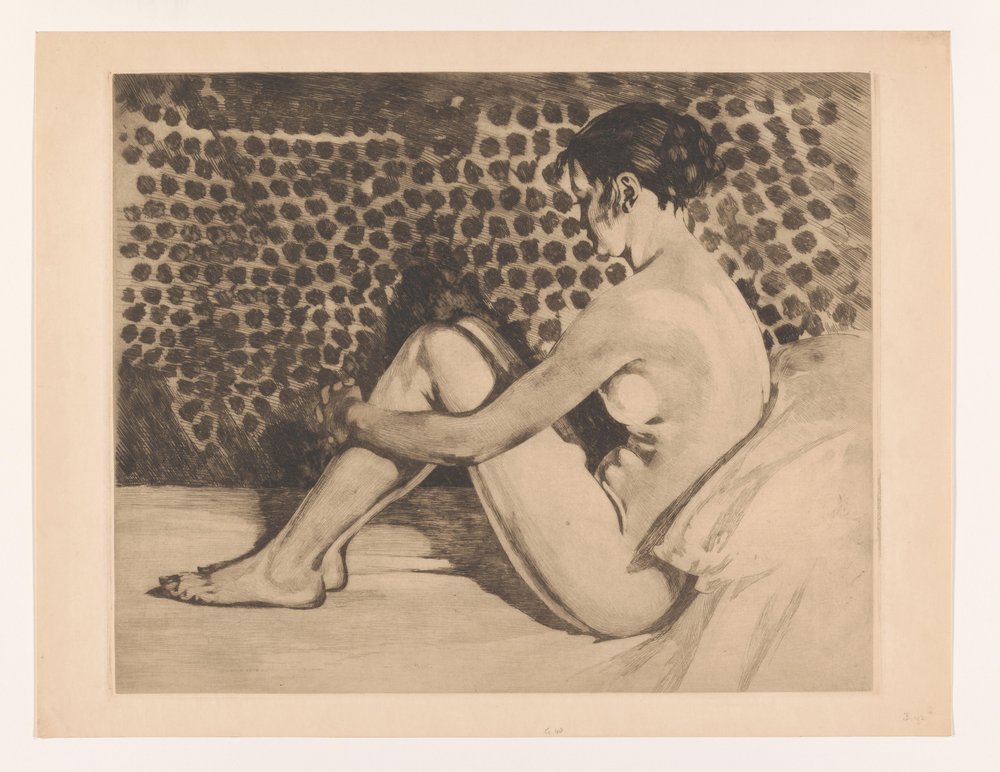Naked young woman with her arms around her knees. Nude, seated on a divan with knees drawn up by Willem Arnoldus Witsen