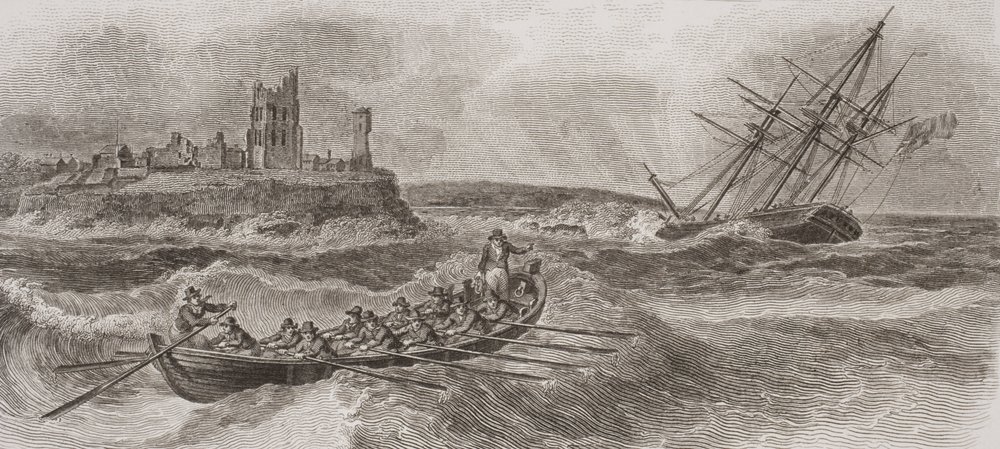 Life Boat Rowing to the Rescue of a Foundering Sailing Ship, Engraved ...