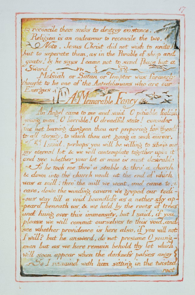 To reconcile them seeks to destroy existence..., text from The Marriage of Heaven and Hell, c.1790-3 by William Blake