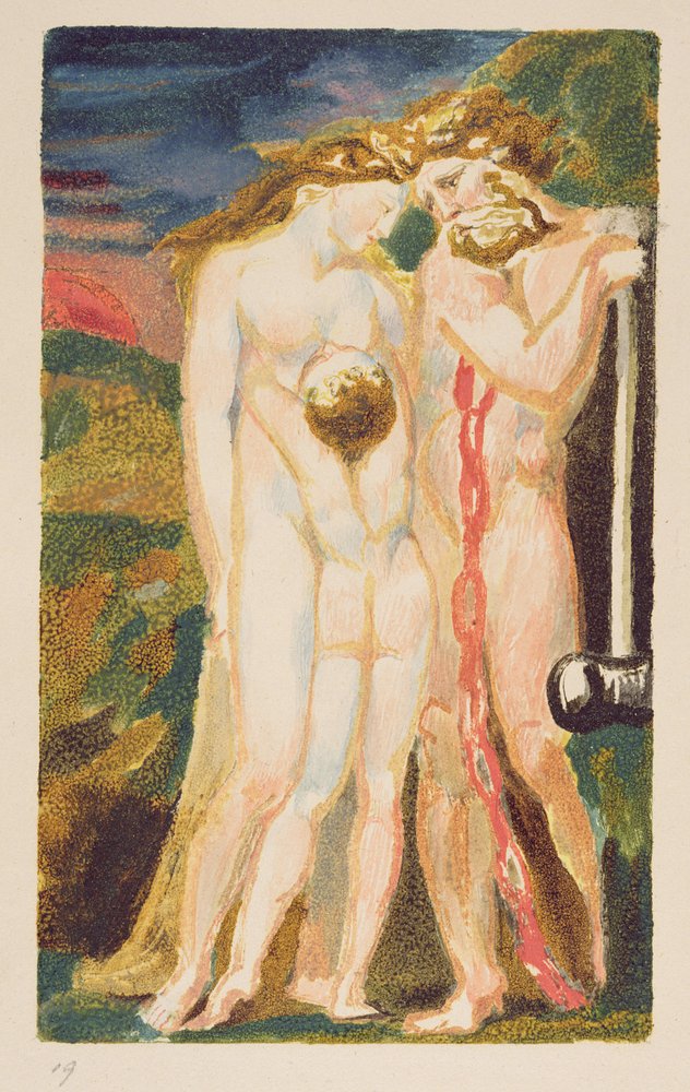 A nude woman looking down at a half-grown boy, plate 18 from The First Book of Urizen by William Blake