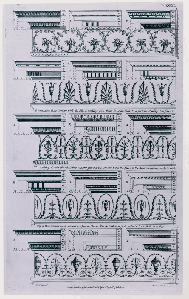 Designs for Cornices, published in 1788 by William Pain (c. 1730-c. 1790). 1783 black and white engraving by William Pain