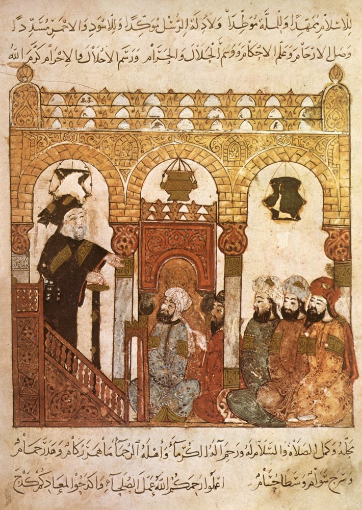 Abou Zayd Preaching in Mosque in Samarkhand, from Al Maqamat by Al Hariri, c.1240 by Yahya ibn Mahmud Al-Wasiti