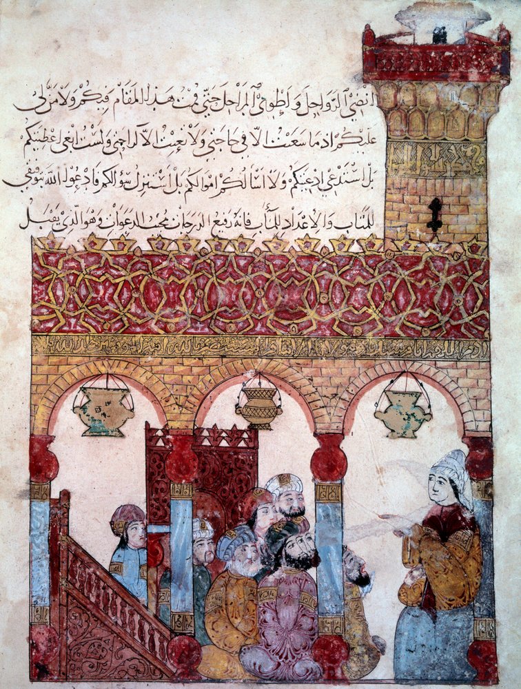 The wandering navigator Abu-Zayd in the Mosque of Basra. Miniature from ...