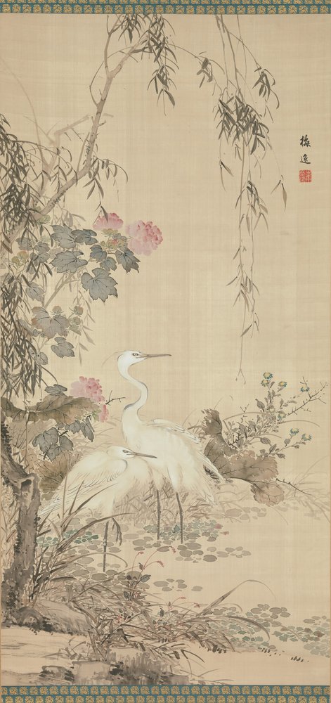 Egrets, Peonies, and Willows by Yamamoto Baiitsu