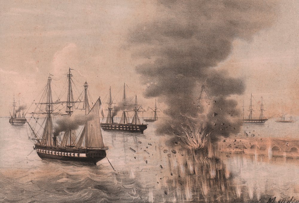 Explosion of lantern of Ancona at side of sea, siege of Ancona