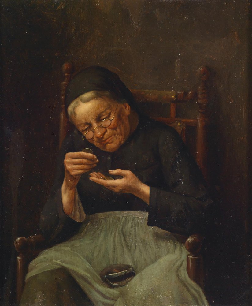Old Woman Counting Money by circle of Johann Georg Meyer