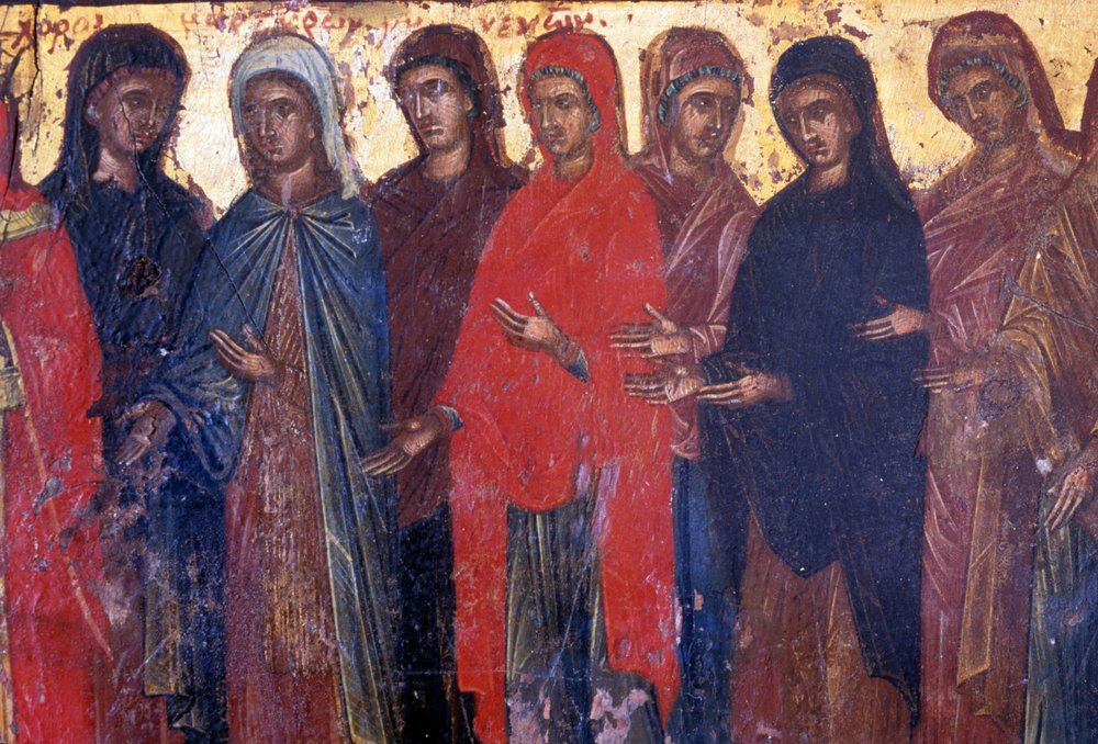 Pious women, wood panel in Byzantine church of Palea Roumata, Crete, Greece