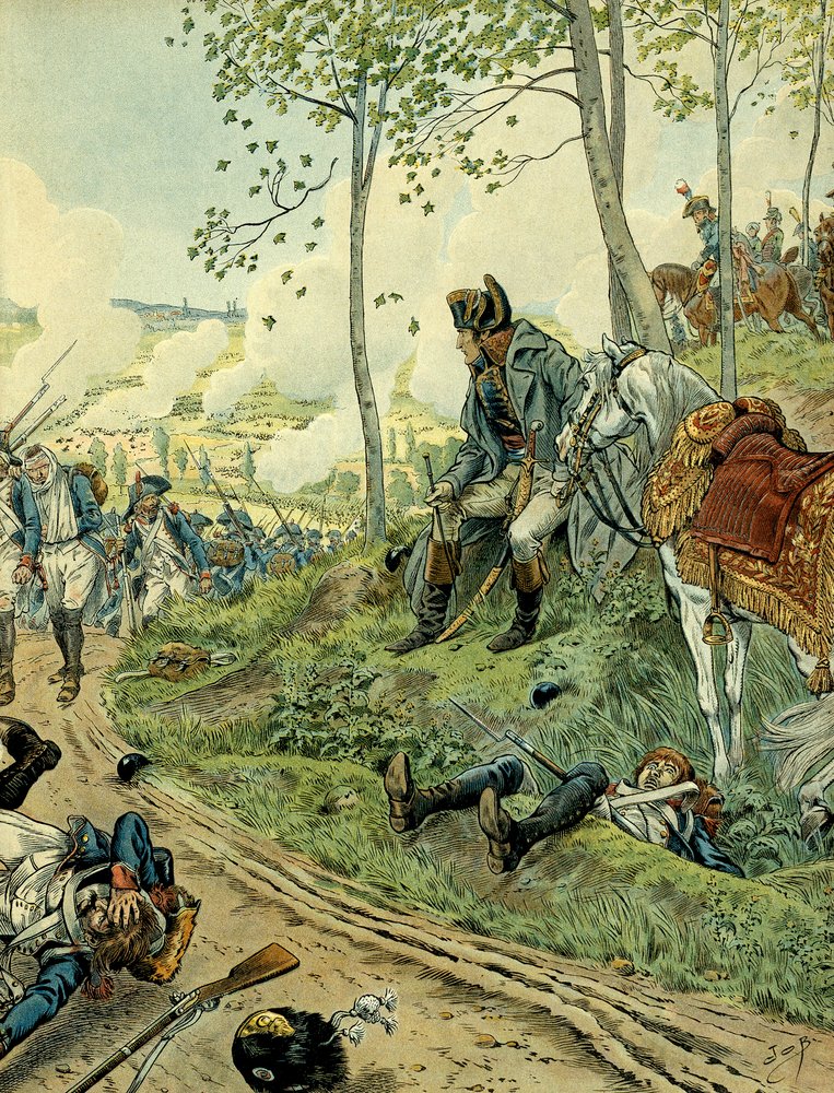 Campaign of Italy (1799-1800): Napoleon I Bonaparte (1769-1821) at the Battle of Marengo on 14 June 1800 in Piedmont (Italy), between the Napoleonic and Austrian armies. Illustration by Jacques Marie Gaston Onfray de Bréville, known as JOB (1858-1931). by pseudonym for Jacques Onfroy de Bréville Job
