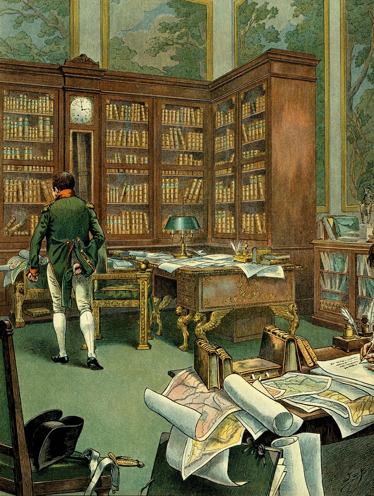 Working cabinet of Napoleon I Bonaparte (1769-1821) on the first floor of the Palais des Tuileries while he was First Consul. Desk with library and clock built in wood. Illustration by Jacques Marie Gaston Onfray de Breville, known as JOB (1858-1931). by pseudonym for Jacques Onfroy de Bréville Job