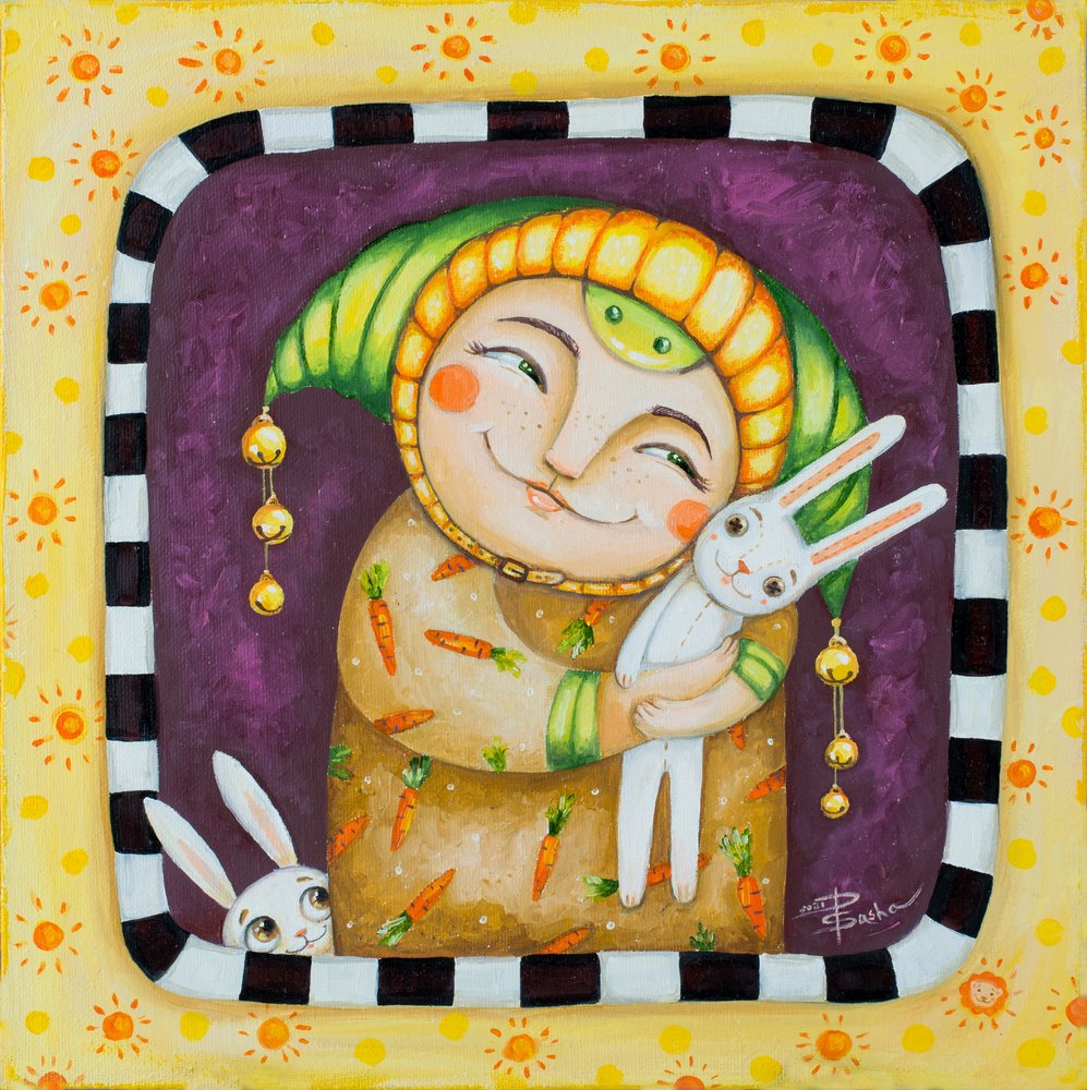 Smiling Character and Bunnies by Aleksandra Paranchenko