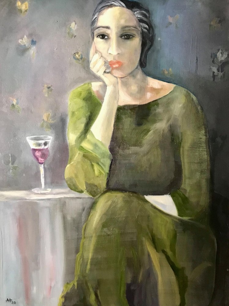 Thoughtful Woman with Wine by Alexandra Higgins