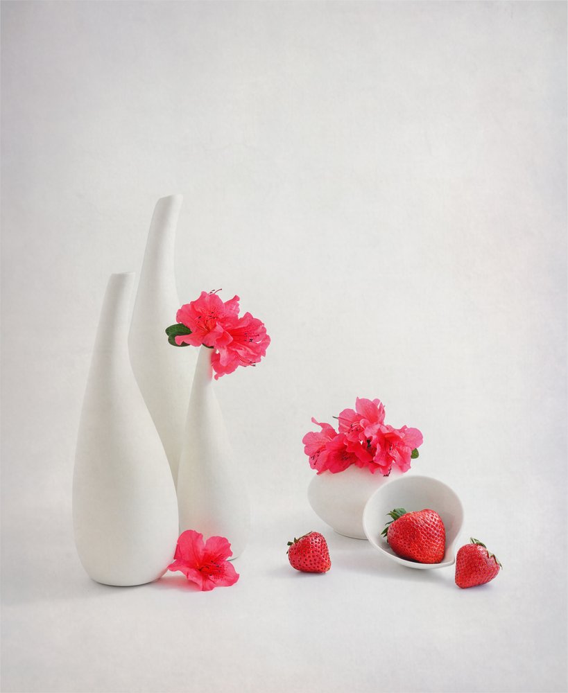 Fresh Strawberries Pink Flowers by Alice Sheng