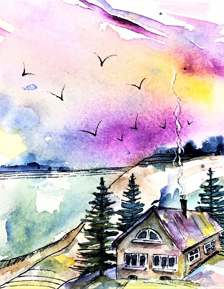 Cozy Watercolor Landscape by Anda Bieza