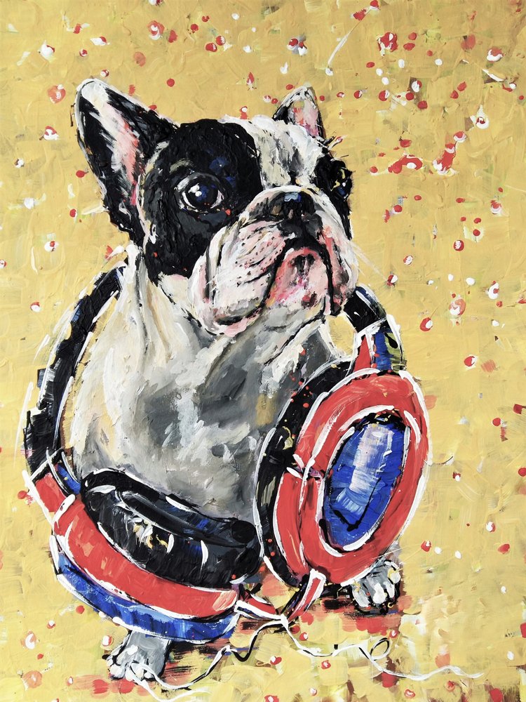 Frenchie with Headphones by Anda Bieza