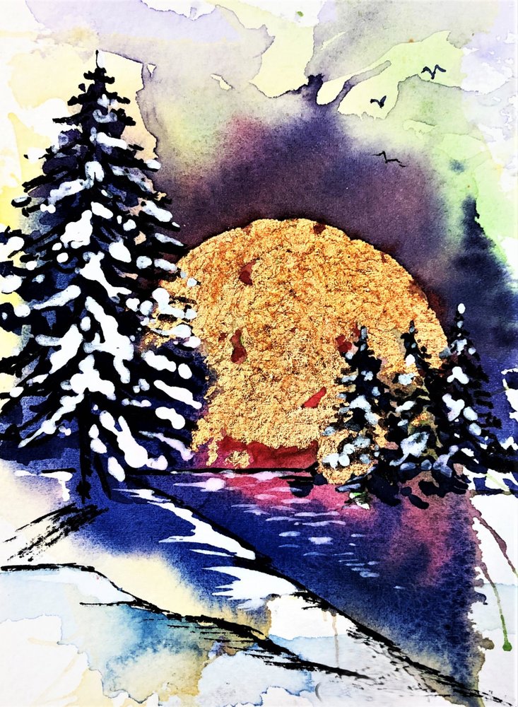 Golden Moon Winter Landscape by Anda Bieza