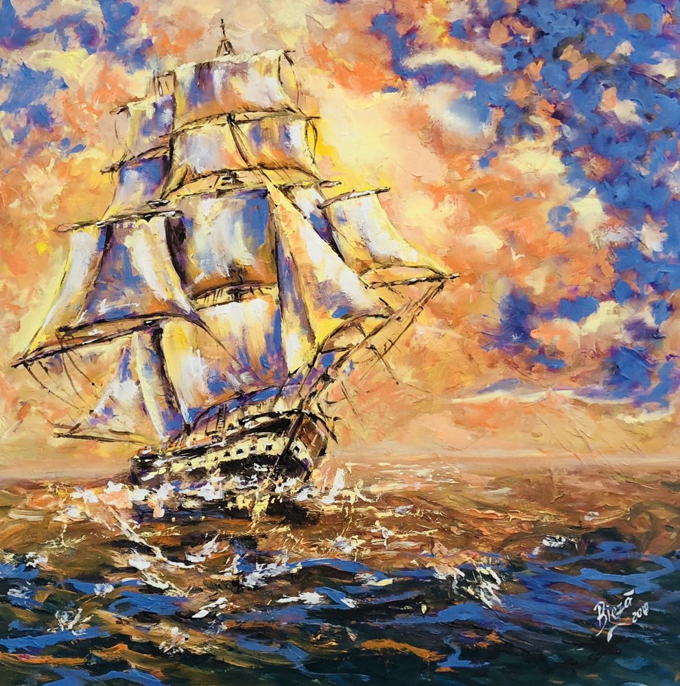 Tall Ship at Sunset by Anda Bieza