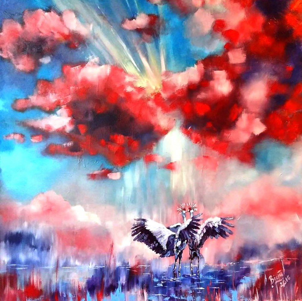 Two Cranes Red Clouds by Anda Bieza