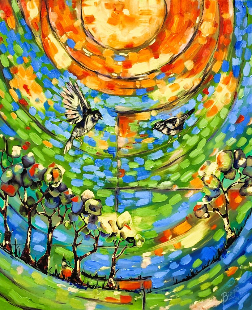Vibrant Landscape with Birds by Anda Bieza