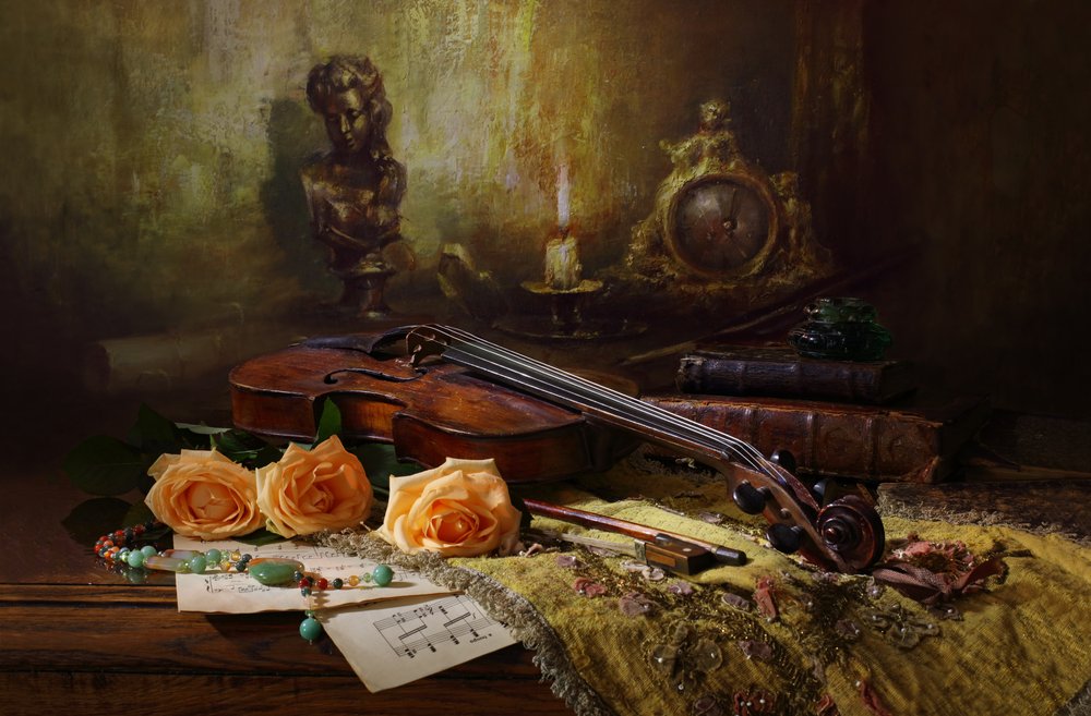 Antique Violin and Roses by Andrey Morozov