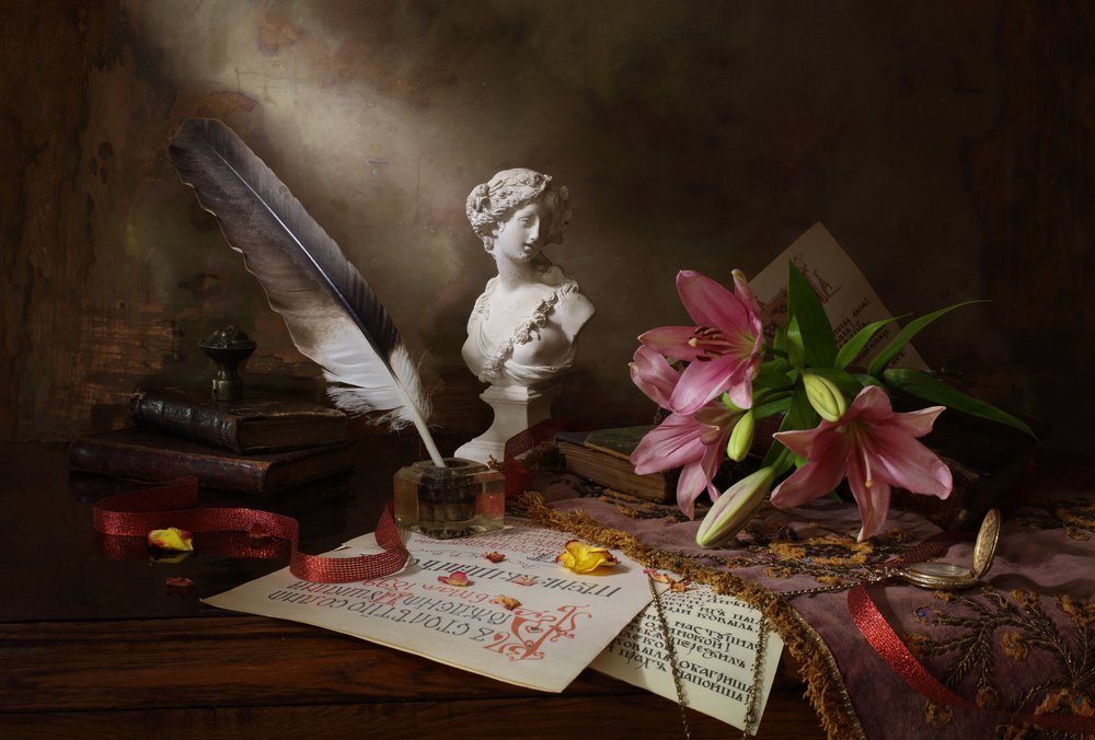 Quill and Pink Lilies by Andrey Morozov