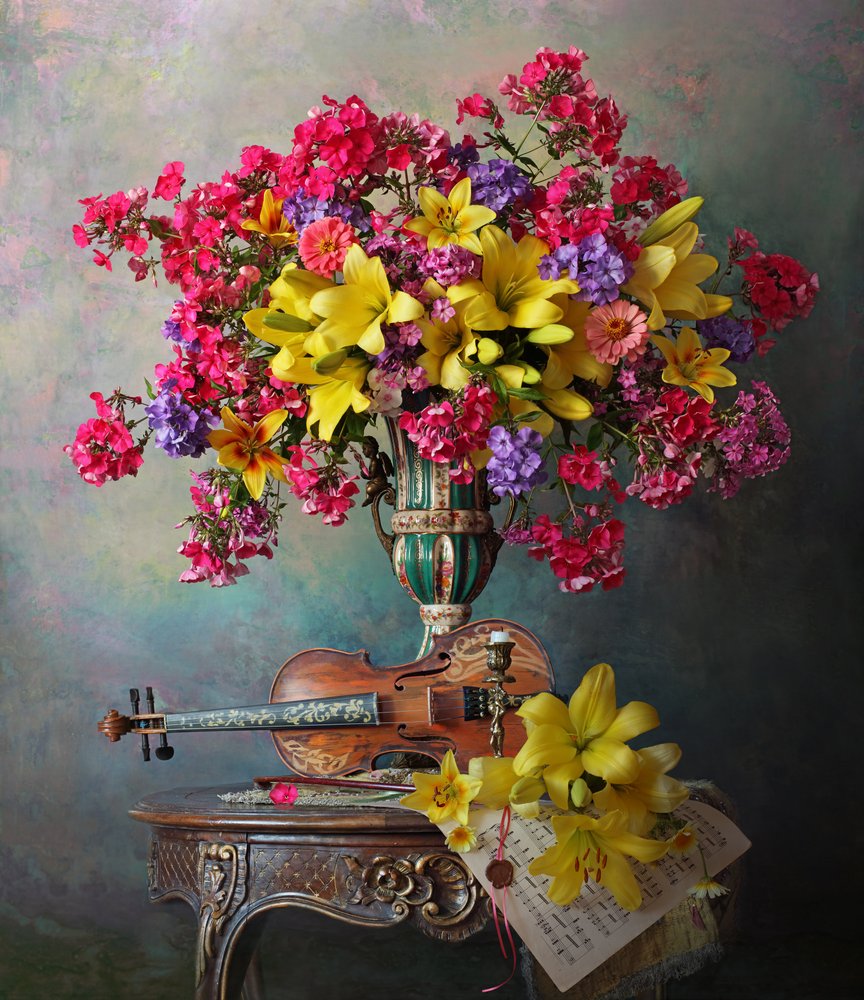 Violin and Vibrant Bouquet by Andrey Morozov