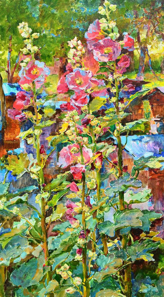 Vibrant Hollyhock Garden by Andrii Kutsachenko