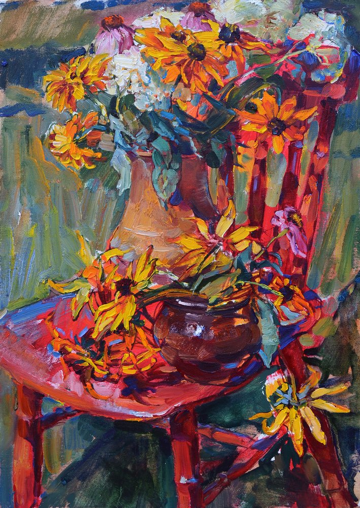 Yellow Blooms Red Chair by Andrii Kutsachenko