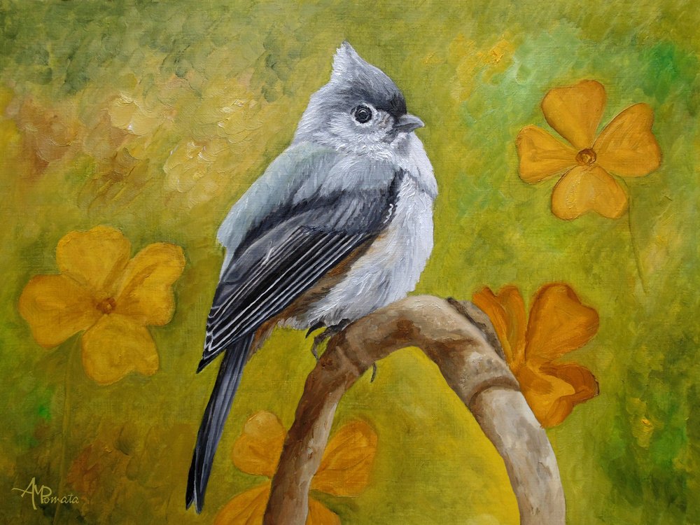 Tufted Titmouse And Flowers by Angeles M. Pomata