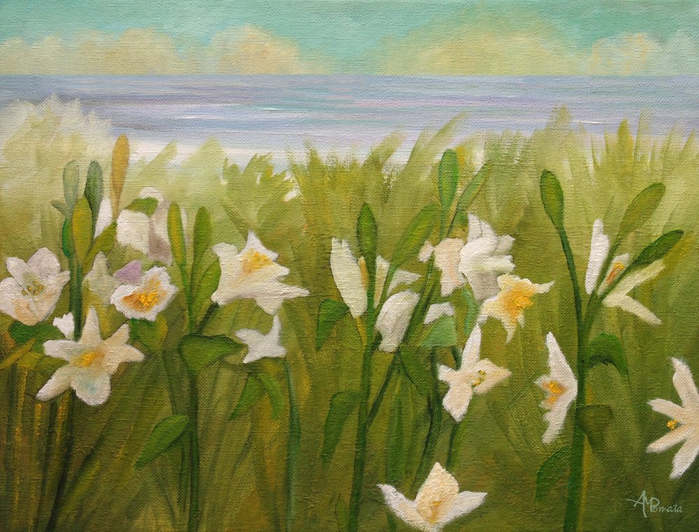 White Flowers Ocean View by Angeles M. Pomata