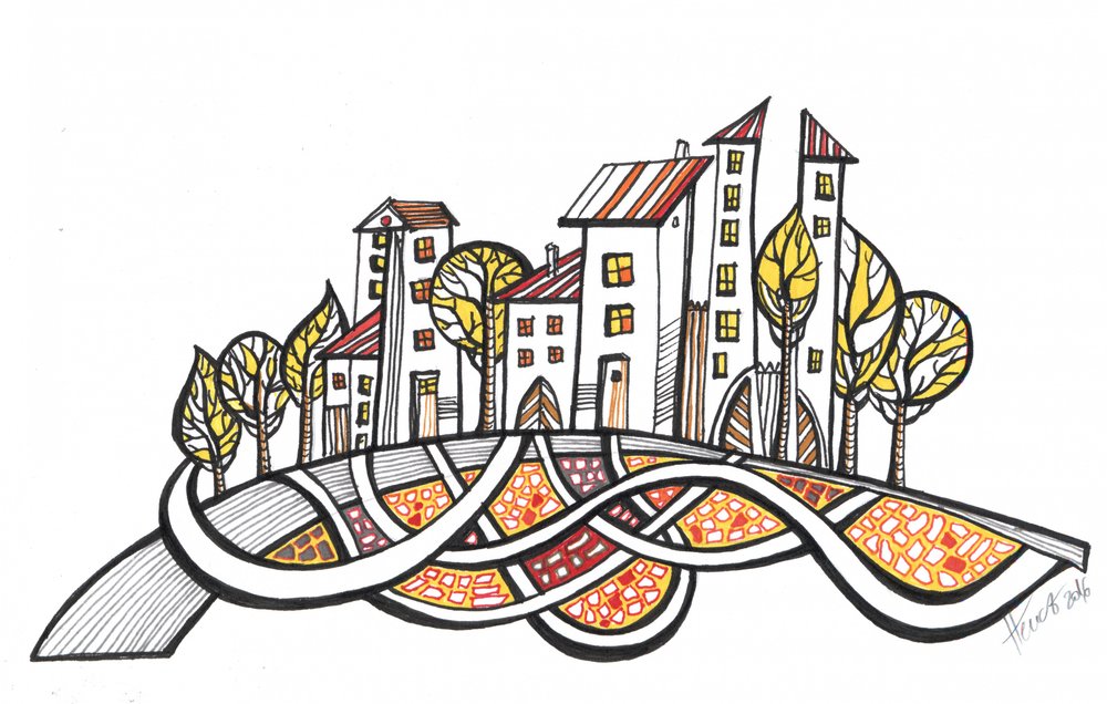 Vibrant Hillside Town by Aniko Hencz