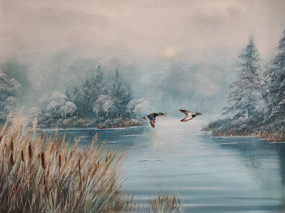 Ducks Over Winter Lake by Annette Armitage