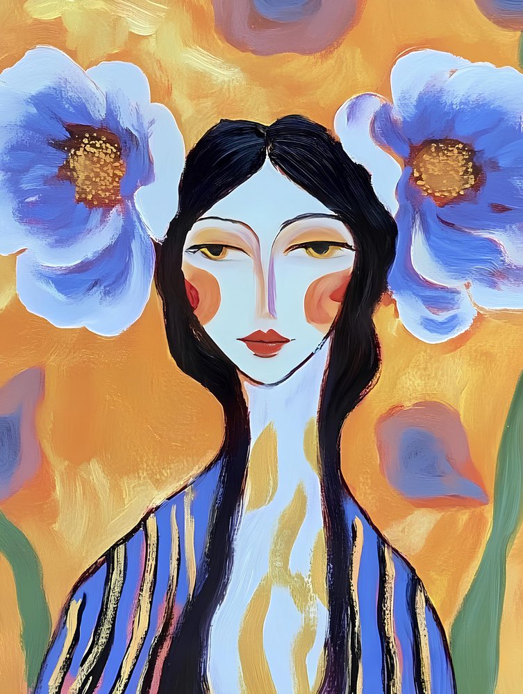Boho Woman Blue Flowers by Avanesova Elena