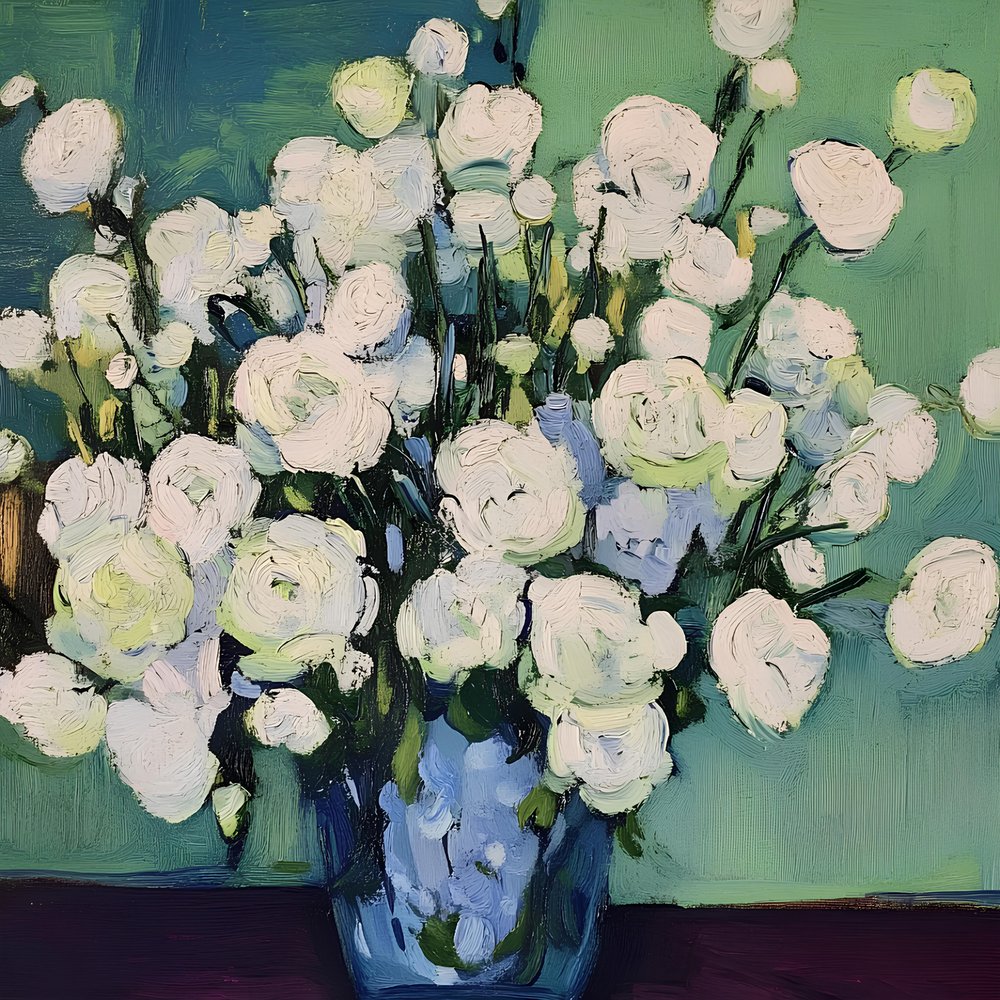 White Blooms Blue Vase by Avanesova Elena