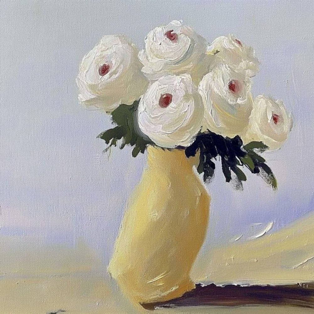 White Blooms Yellow Vase by Avanesova Elena