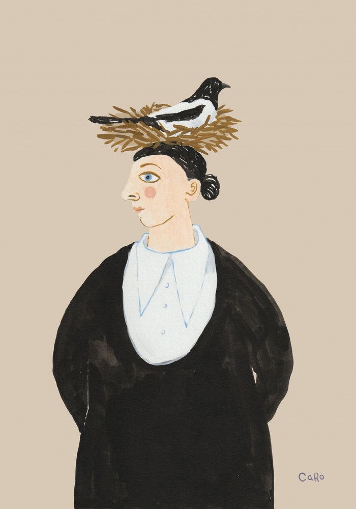 Whimsical Woman With Magpie by Caroline Roberts