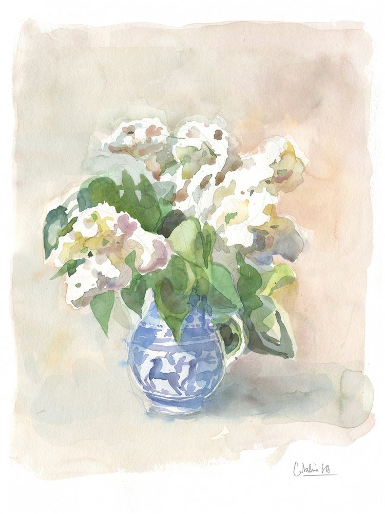 Soft White Flowers Blue Pitcher by Catalina Somolinos