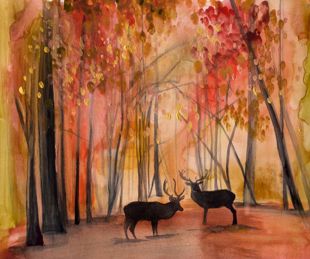 Autumn Forest Stags by Christine Lindstrom