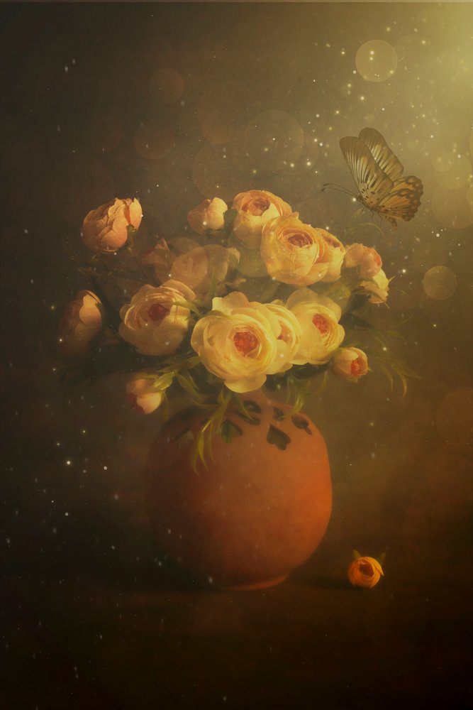 Golden Roses and Butterfly by Cicek Kiral