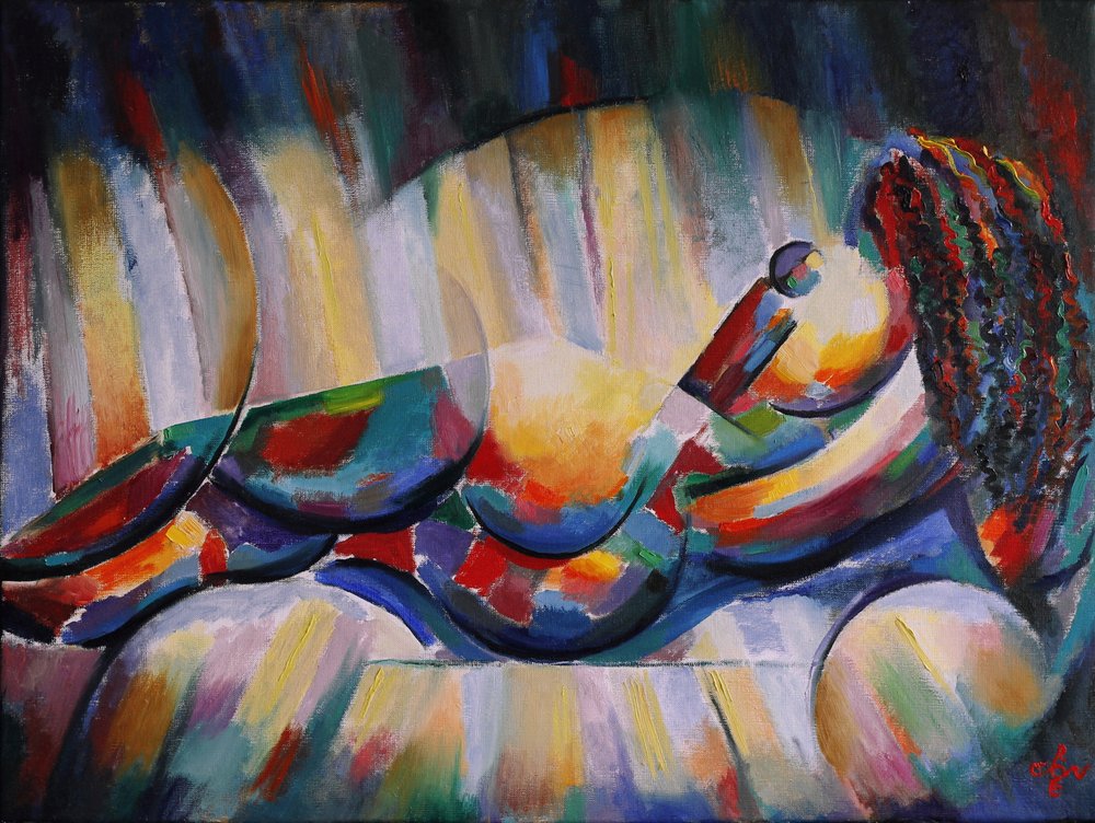 Colorful Cubist Reclining Figure by Corné Akkers