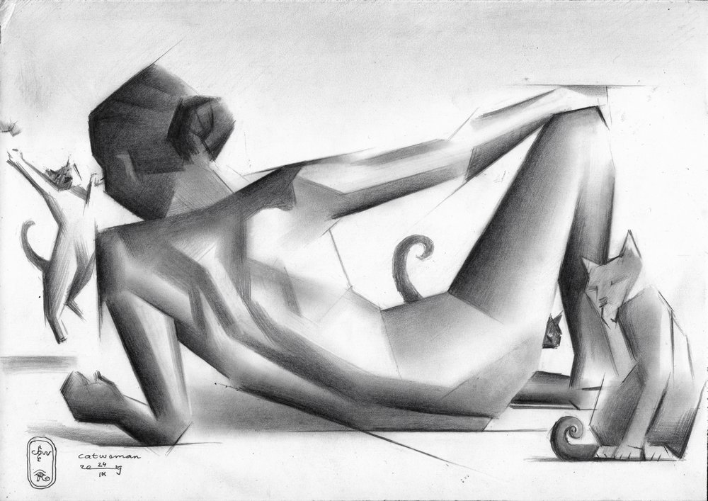 Geometric Woman and Cats by Corné Akkers
