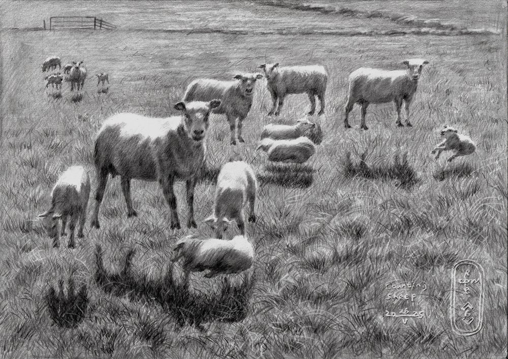 Peaceful Sheep Pasture Drawing by Corné Akkers